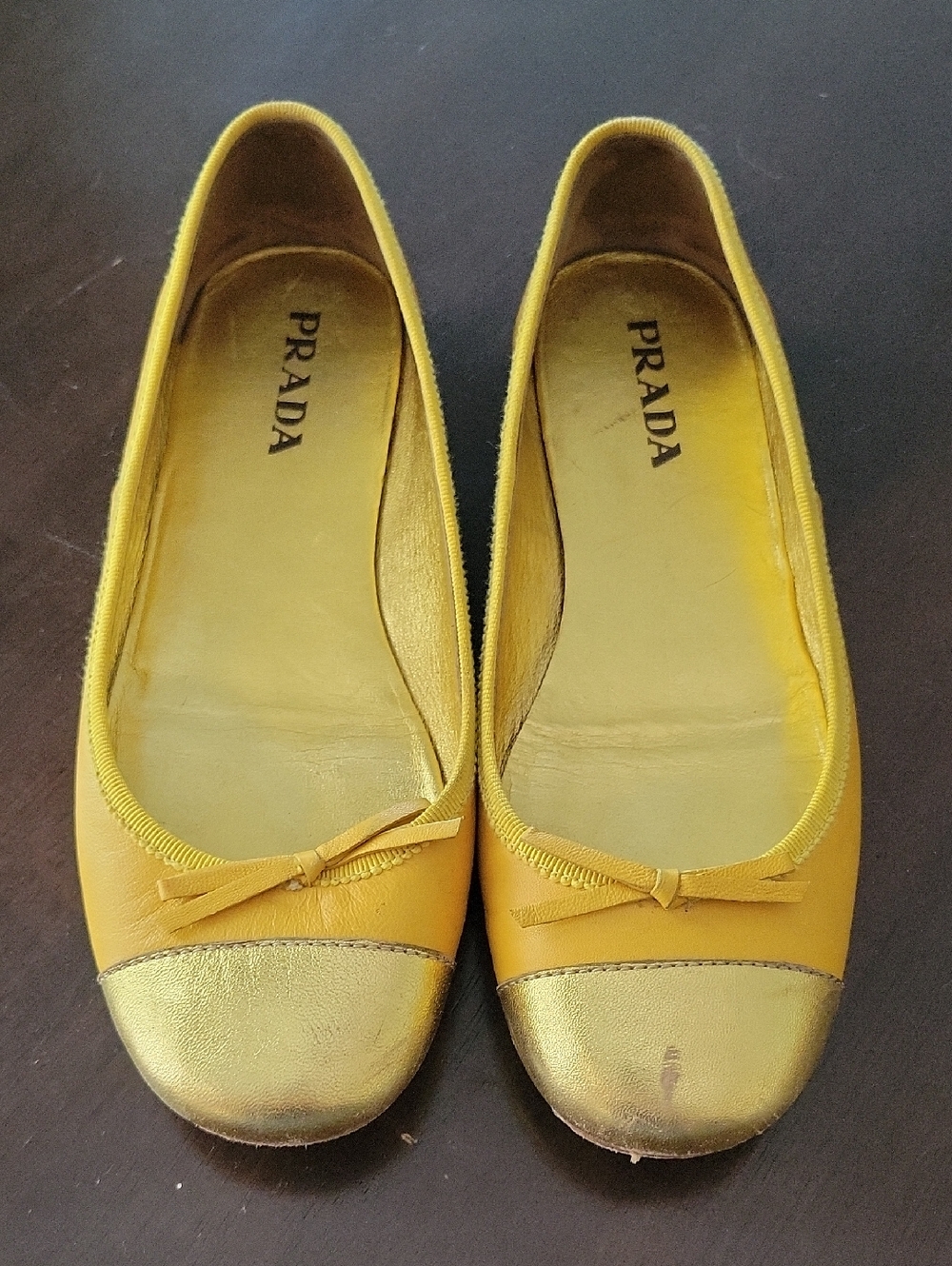 Prada Yellow Leather Ballet Flats with Gold Cap Toe
